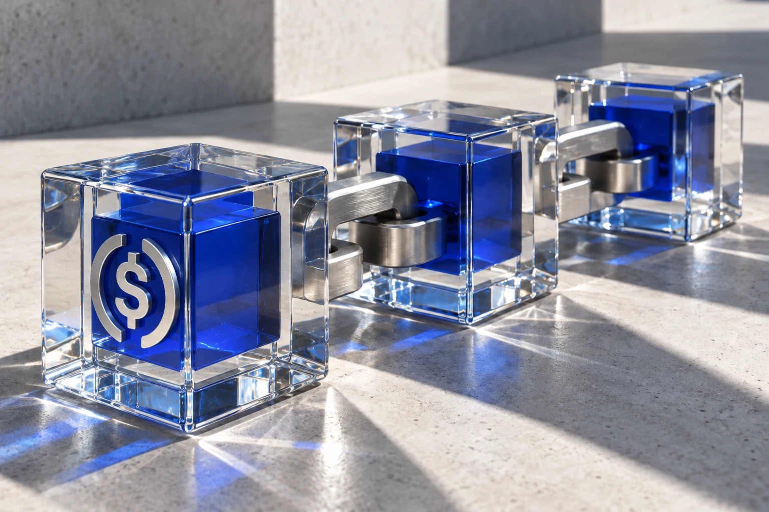 Connected glass blockchain blocks with cobalt centres