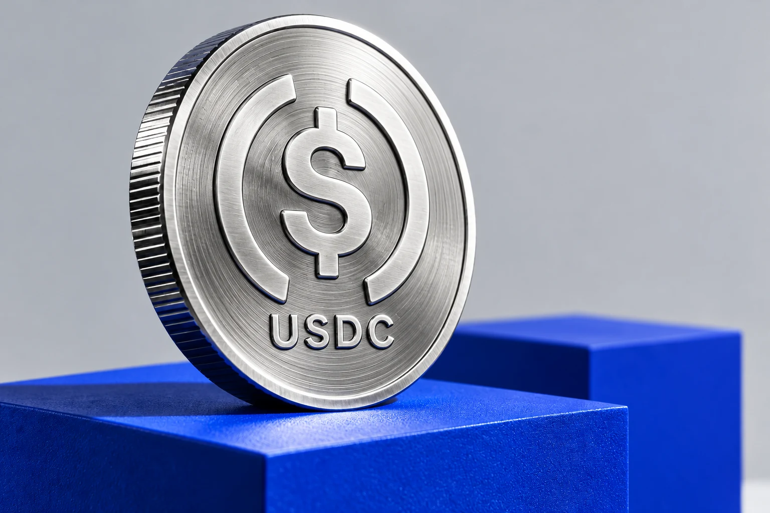 Brushed silver USDC coin on a cobalt plinth