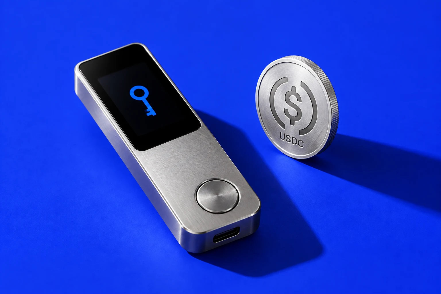 Conceptual hardware crypto wallet with a key symbol